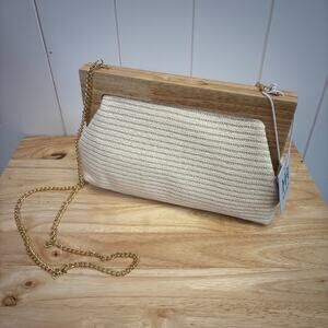 Haute Hippie Womens Boho Chic Hipster Bamboo Wood Crossbody Bag Cream Gold NWT